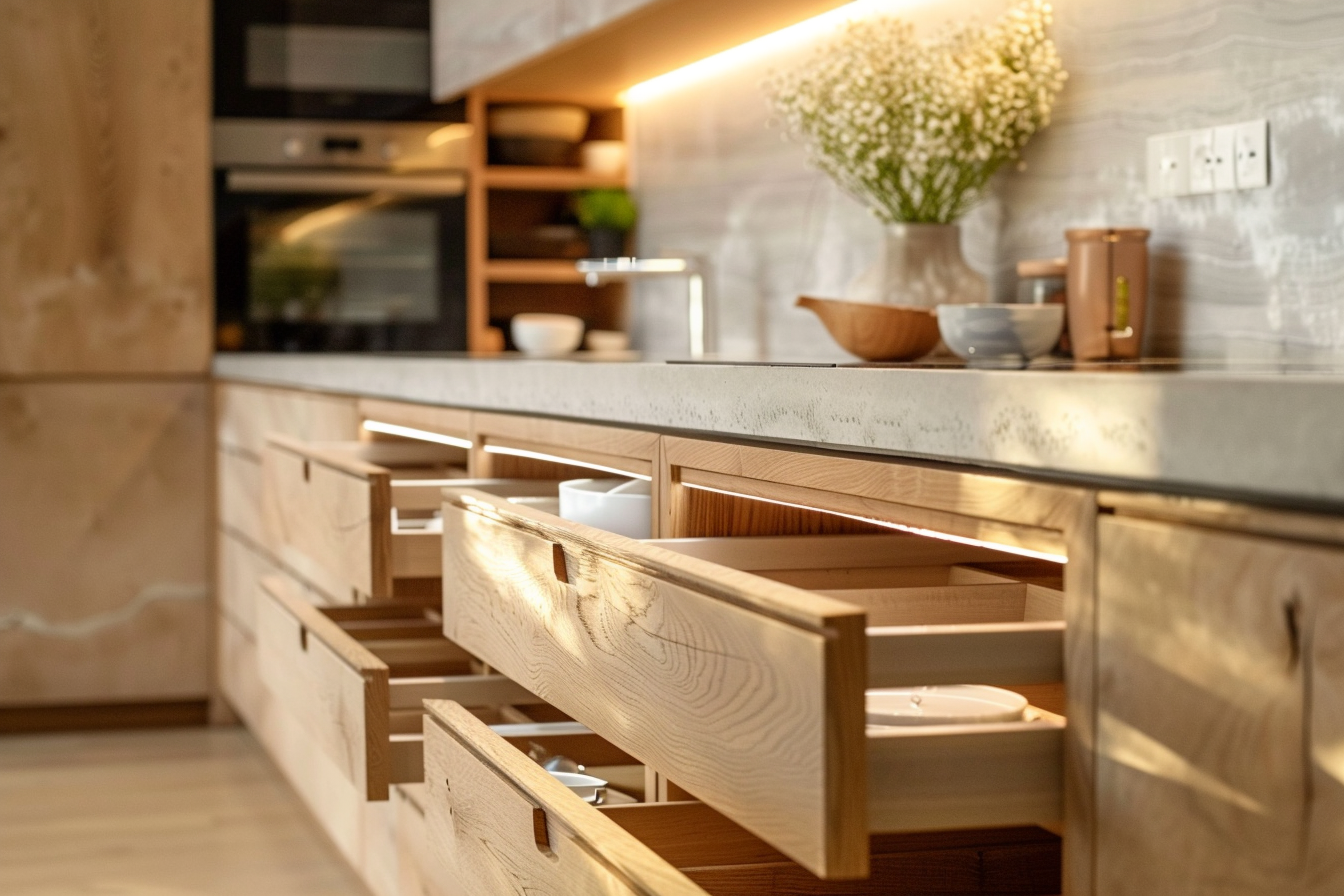 Optimized kitchen workspace with clutter-free countertop, drawers, shelves.