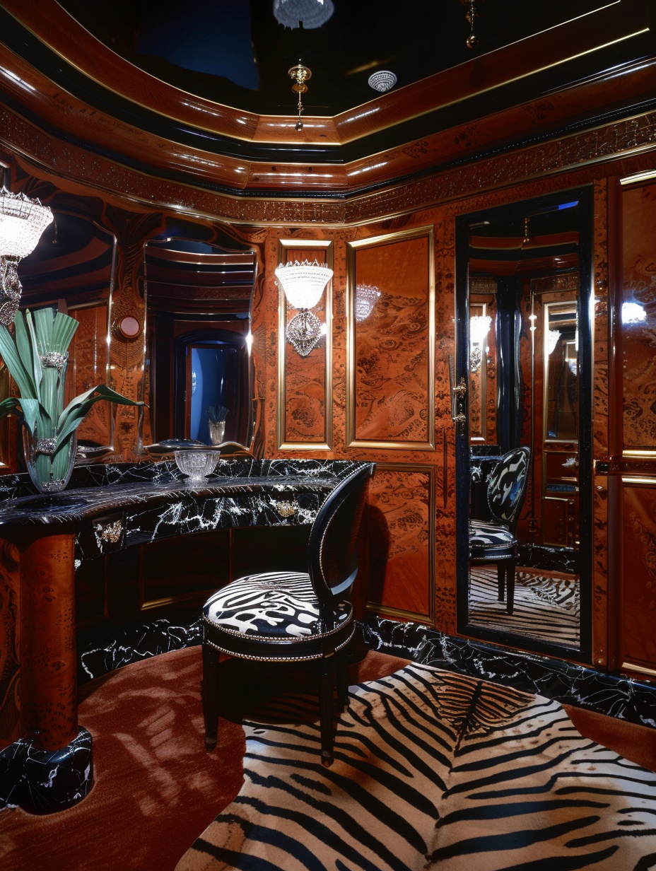 Opulent Art Deco cloakroom with zebra print carpet