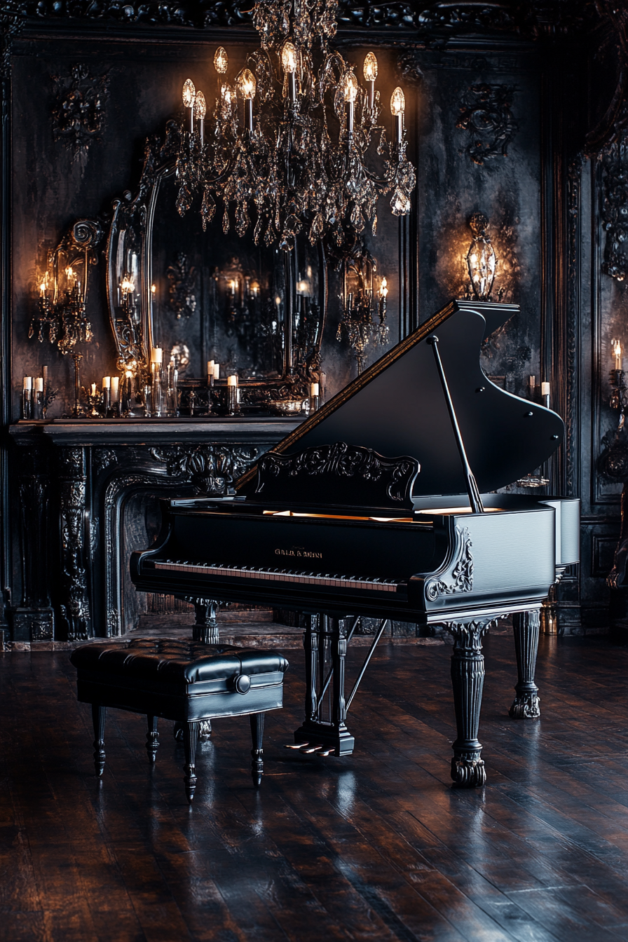 Opulent Gothic ballroom with dark tapestries and mirrors.