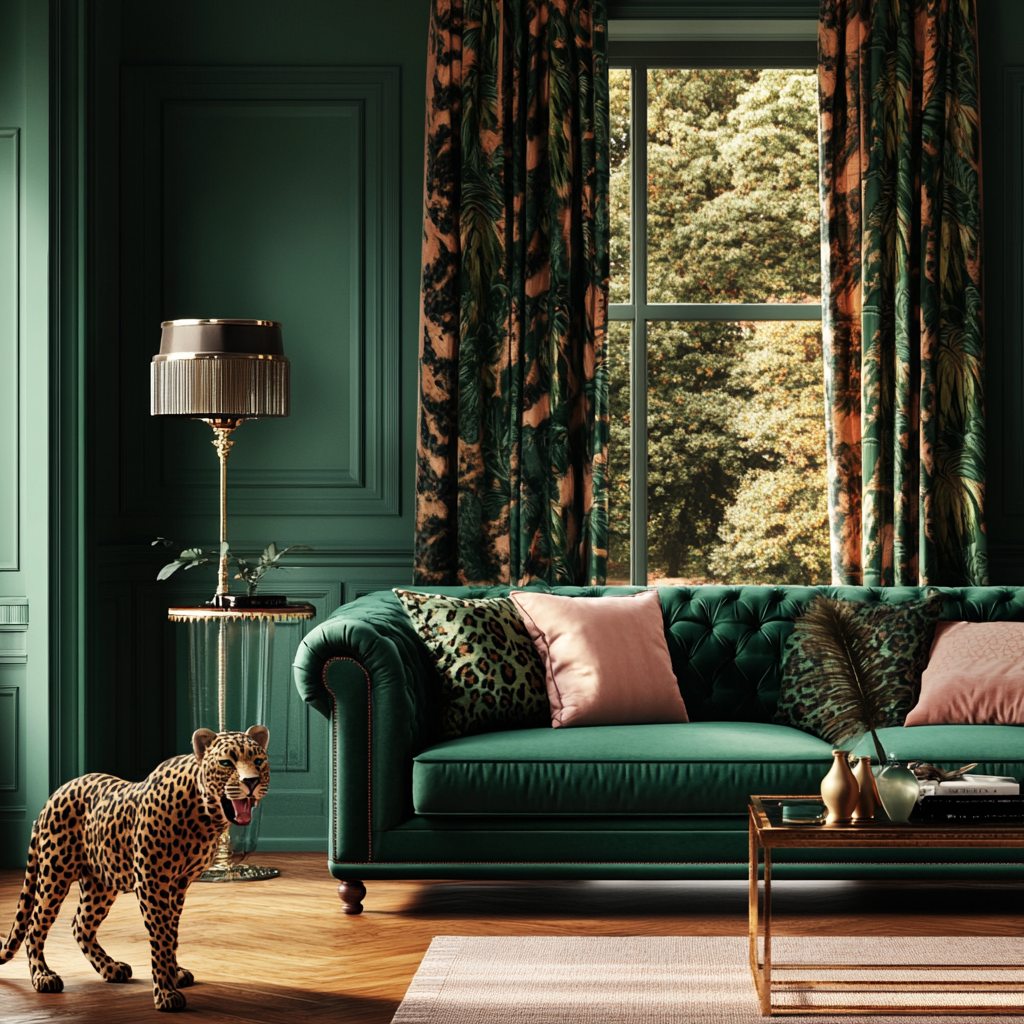 Opulent Living Room: Emerald Green & Petrol Sofa