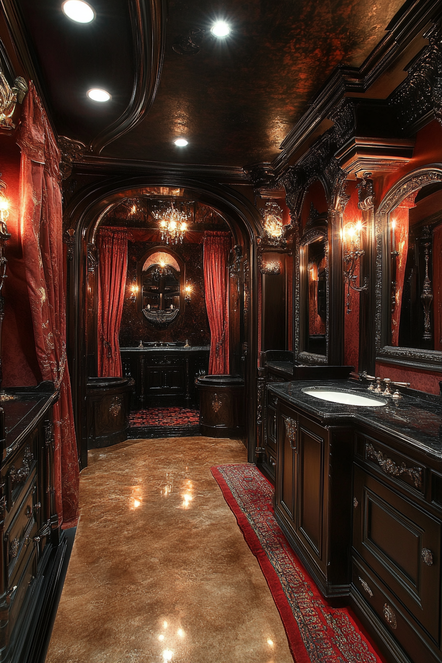 Opulent Western Gothic bathroom with Baroque and gothic details.