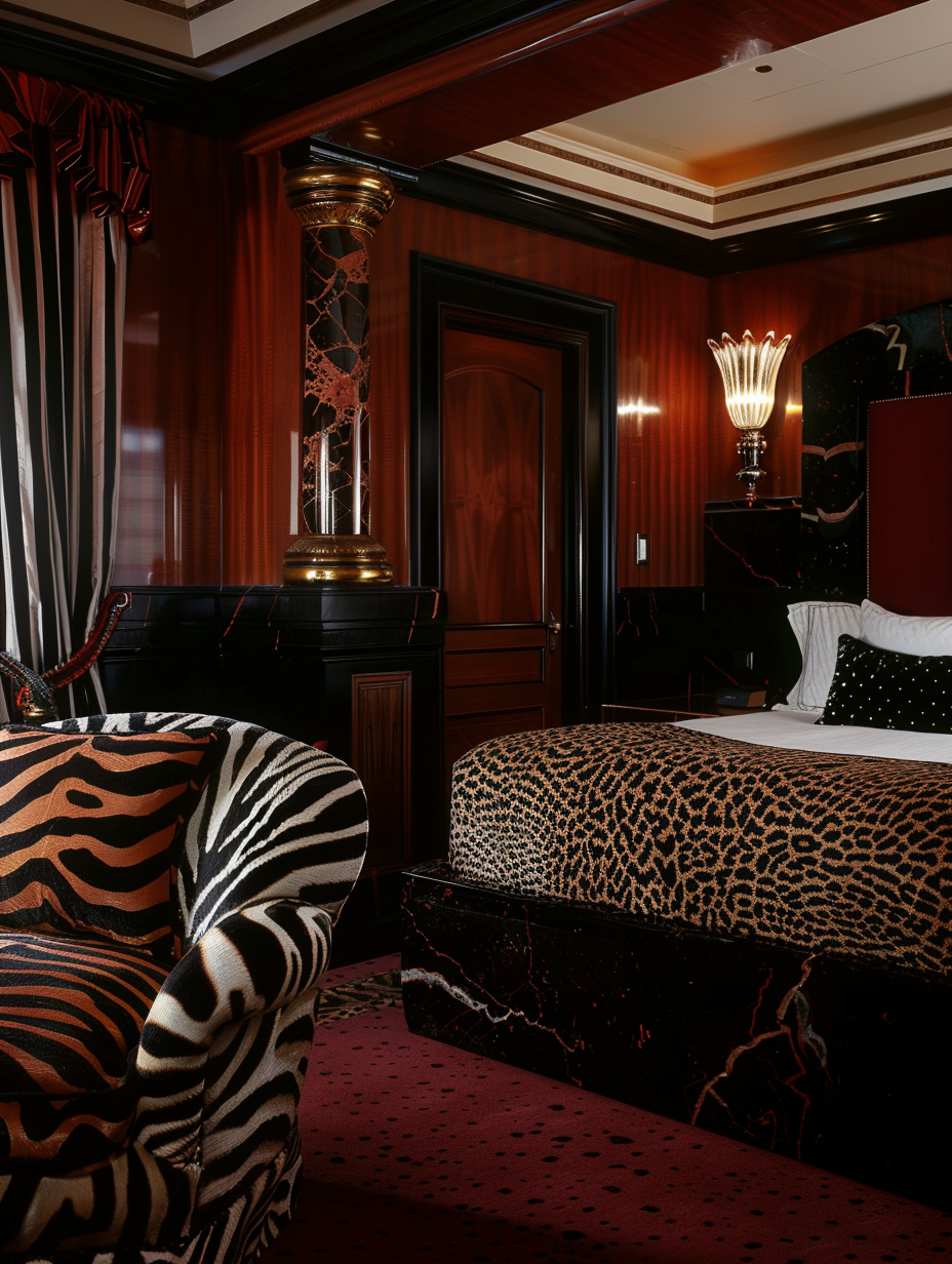 Opulent bedroom with zebra print and rich colors