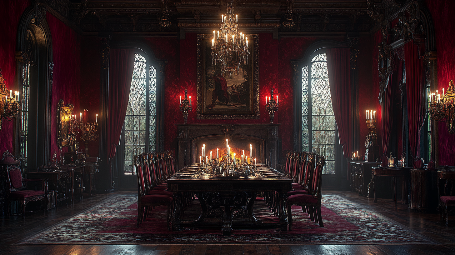 Opulent dining room with Gothic decor and regal ambience.