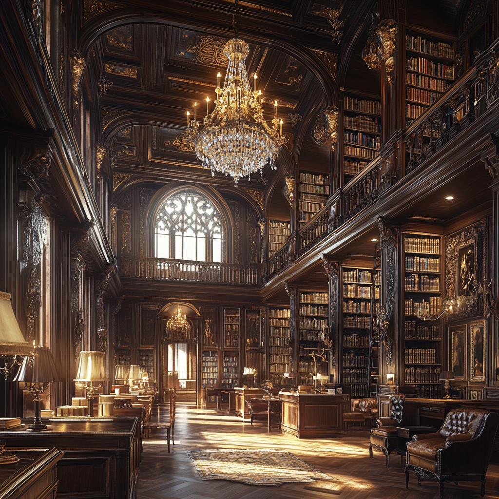 Opulent study hall with ancient books, crystal chandeliers.