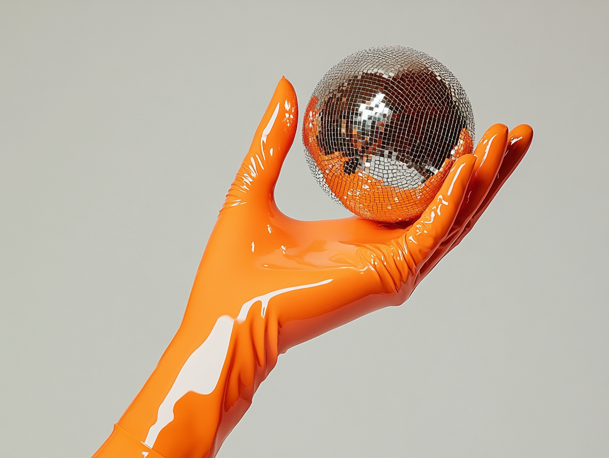 Orange glove holds disco ball in minimalistic style