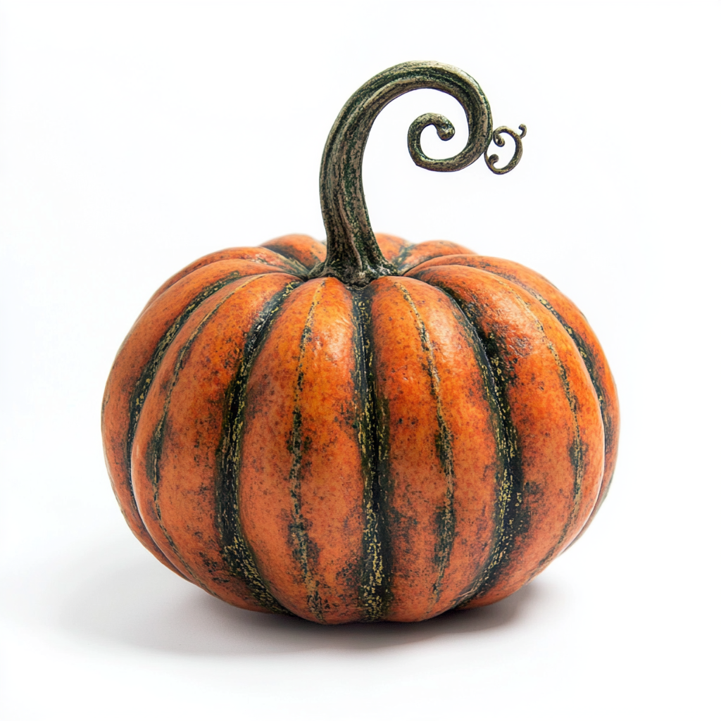 Orange pumpkin with green vine stem, white background.