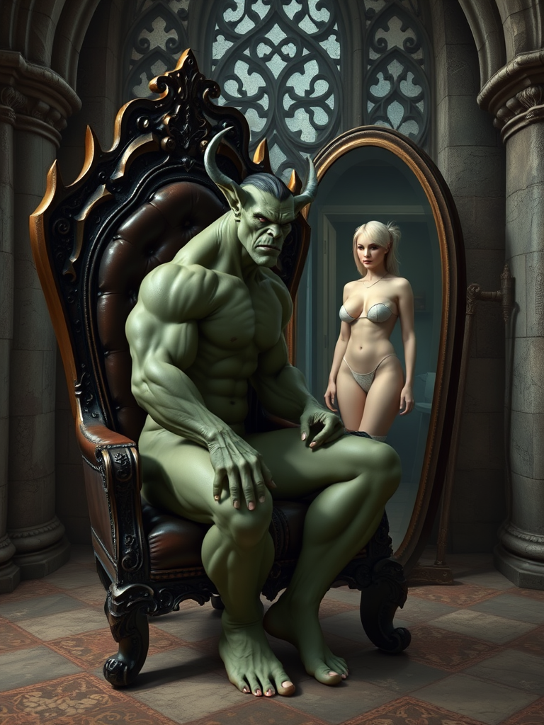 Orc Woman in Castle Reflects Human in Apartment