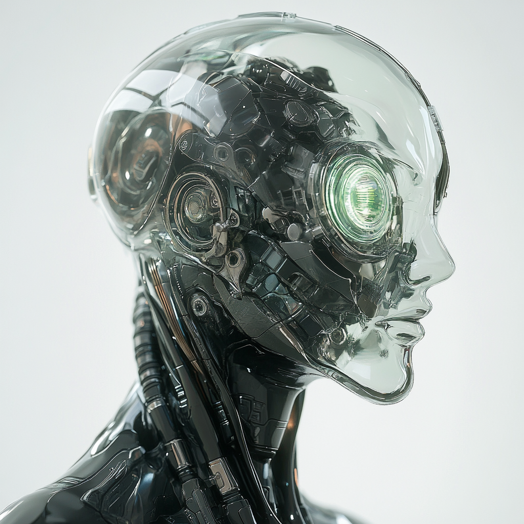 Organic and mechanical head in sleek humanoid figure.