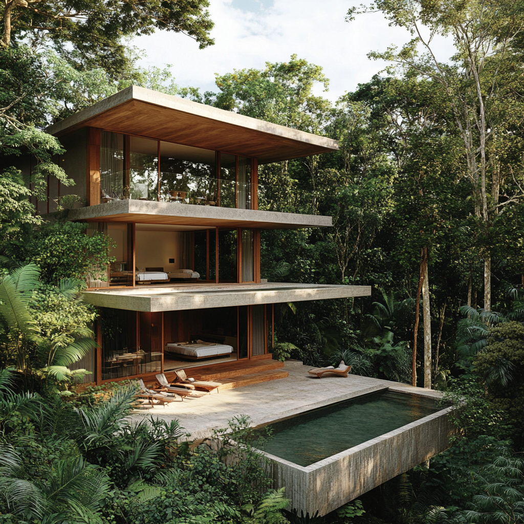 Organic modernist house in tropical forest with balcony.