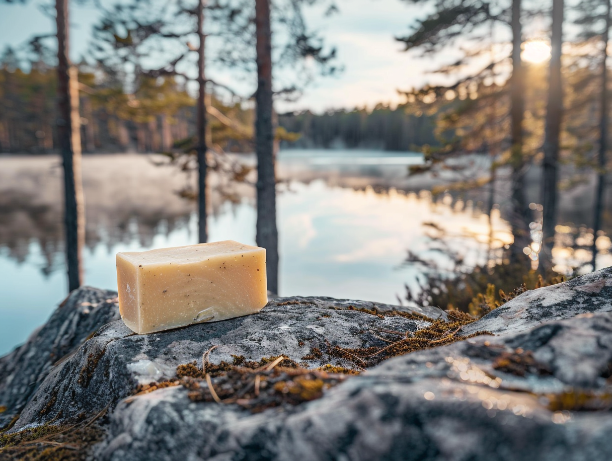 Organic soap bar on rocky forest with lake.