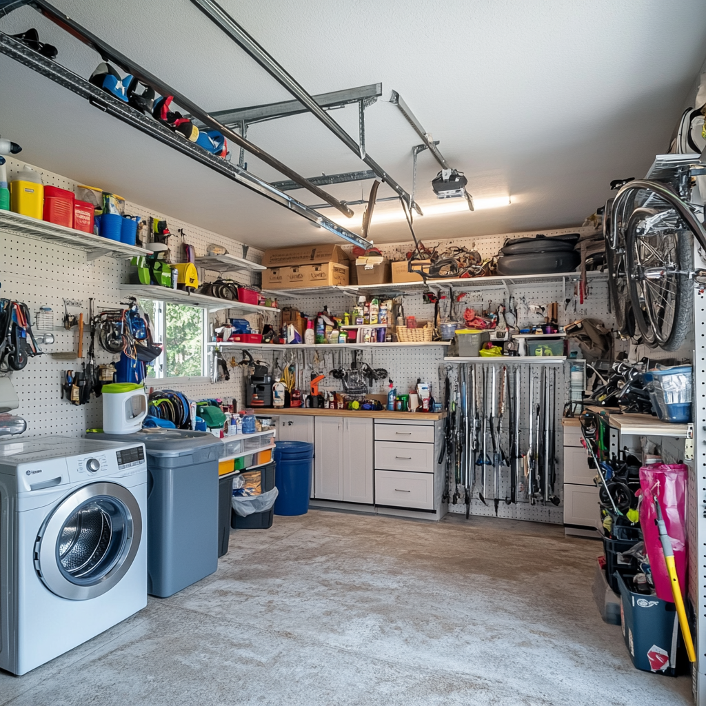 Organized garage with tools, bikes, and laundry storage.