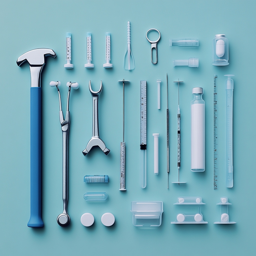 Organized tools and medical utensils in artistic arrangement.