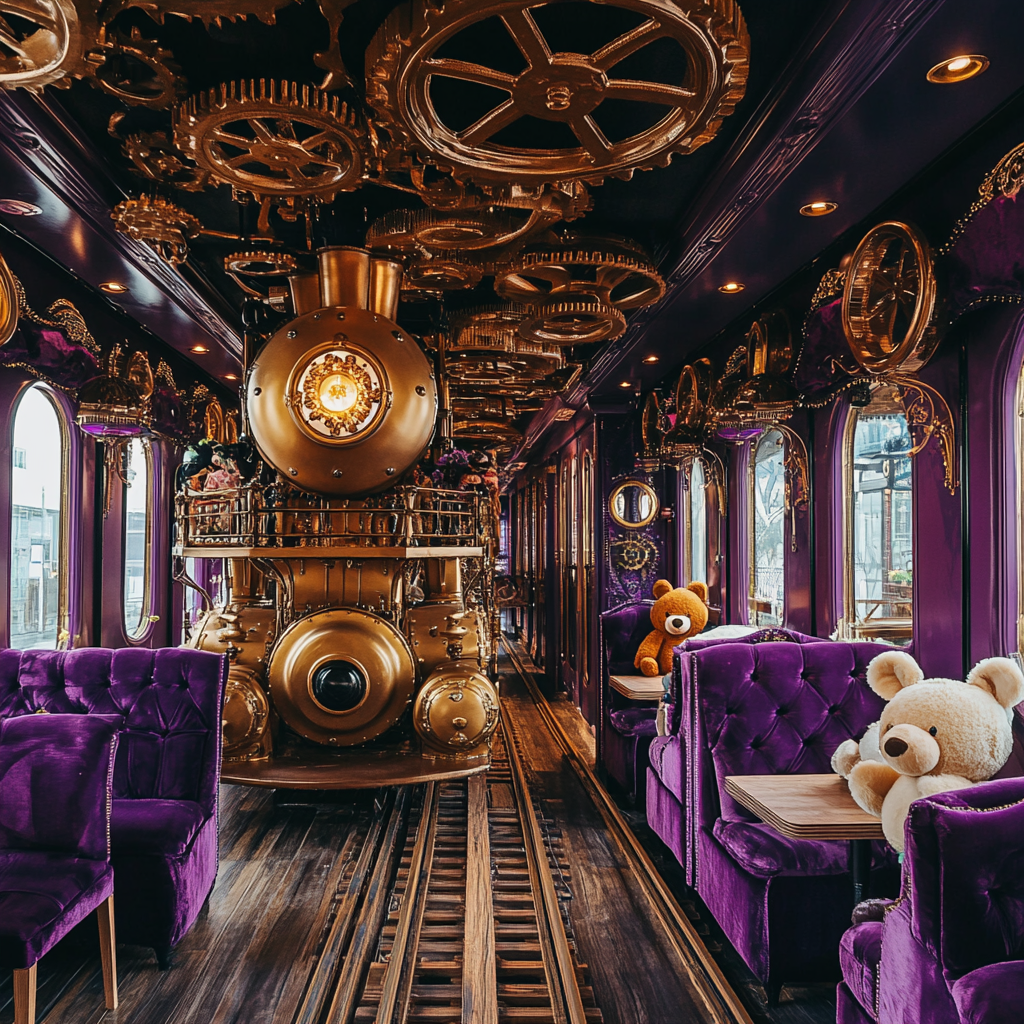 Ornate cake tower in purple café with train station vibes.