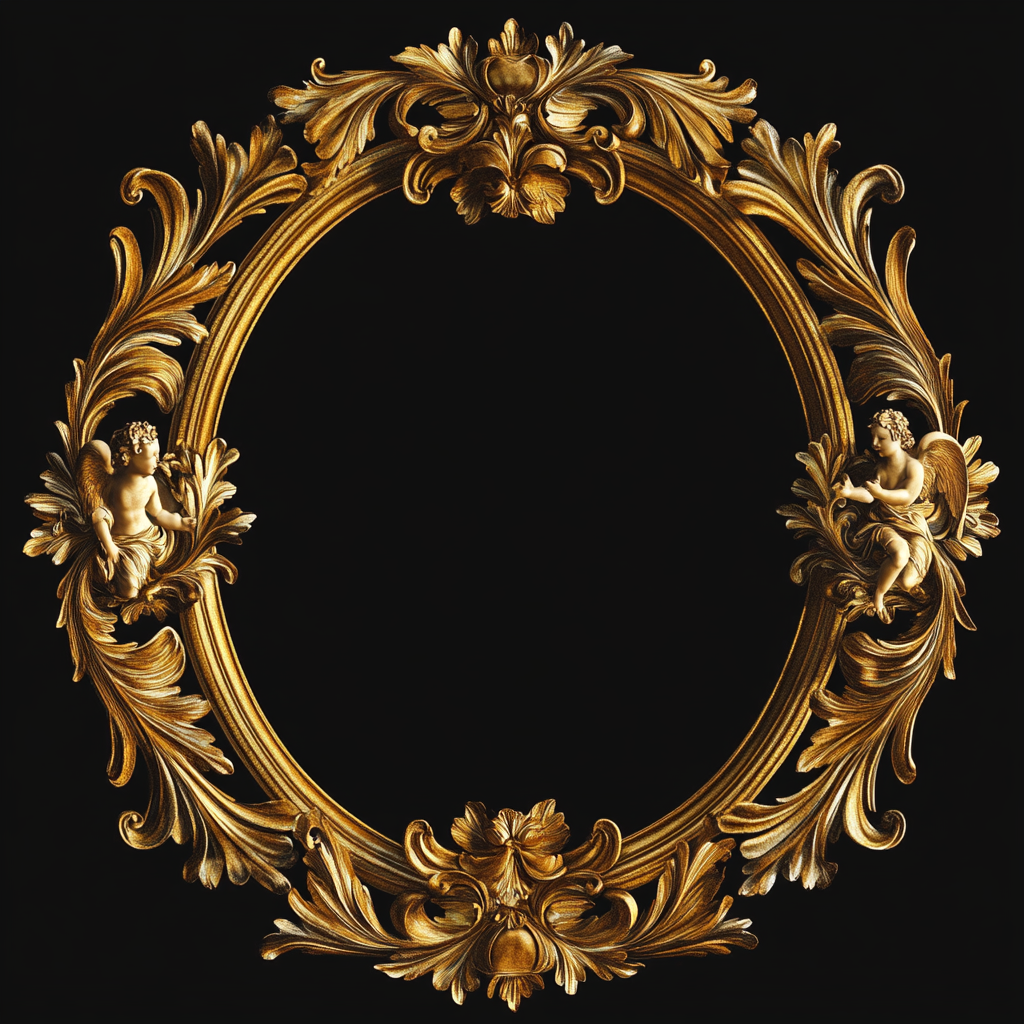 Ornate oval frame with gold leaf motifs, cherubs, curls.