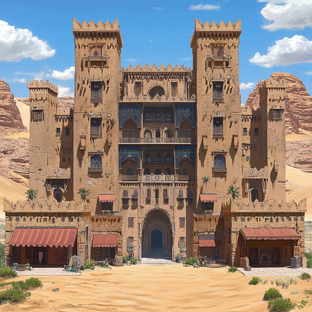 Ornate sandstone building surrounded by desert oasis with tower.