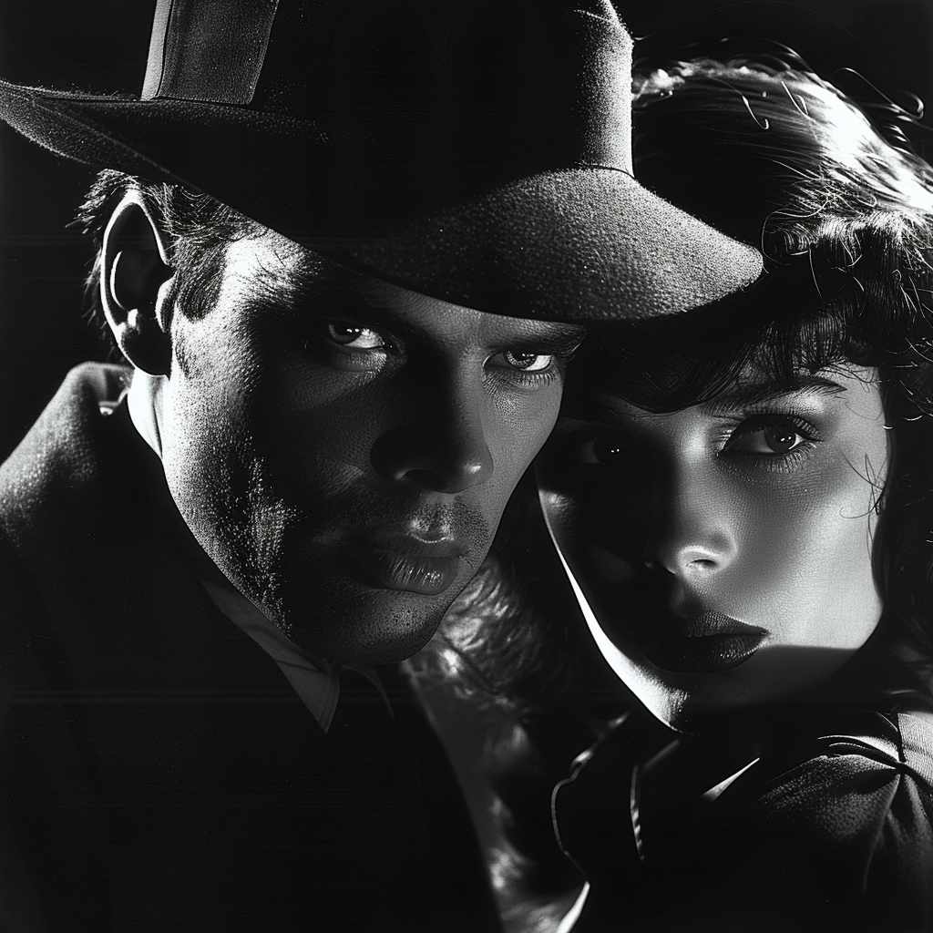 Orson Welles as menacing vampire with beautiful woman dramatically.