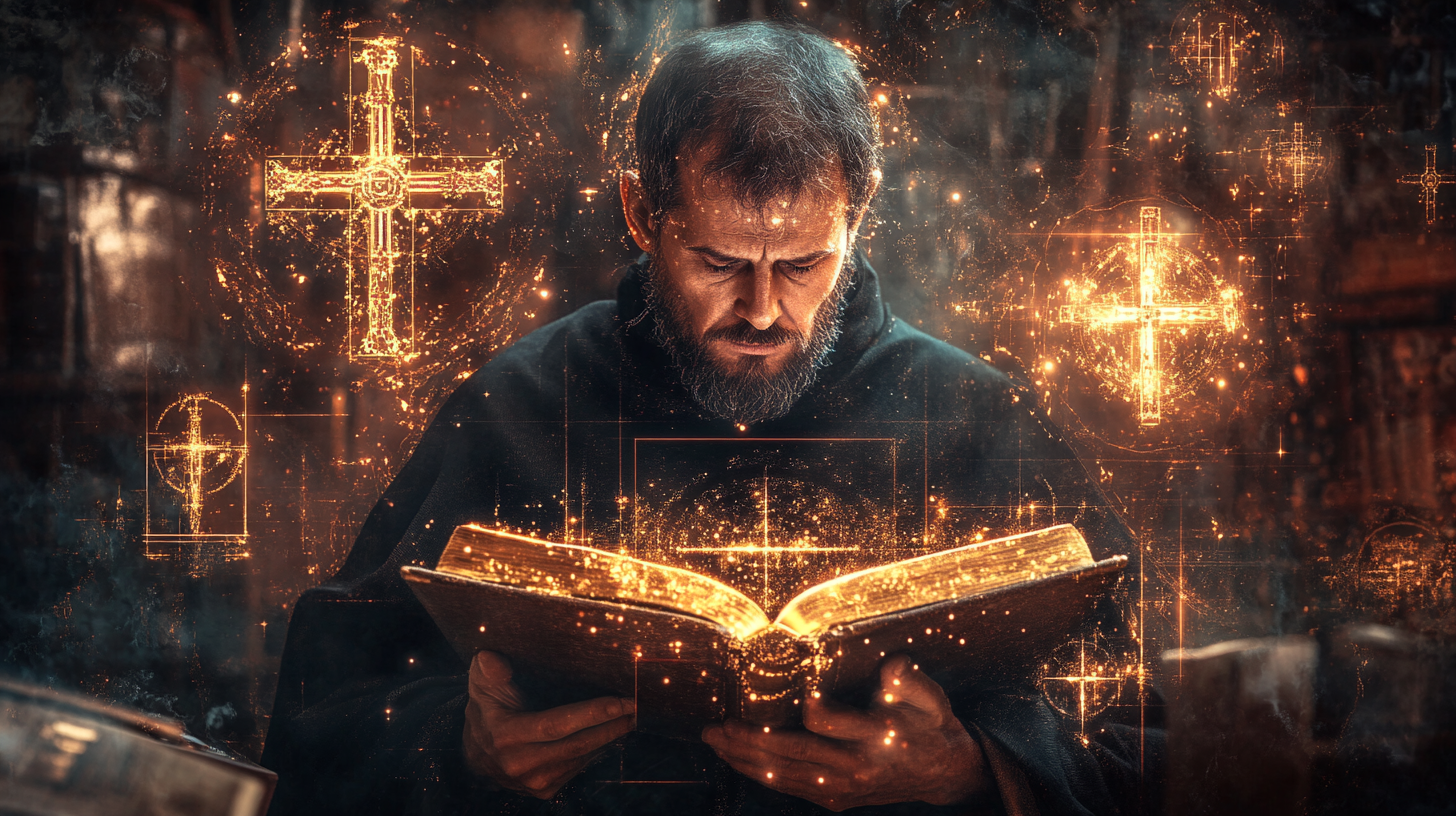 Orthodox Christian Monk Studies Sacred Knowledge with AI