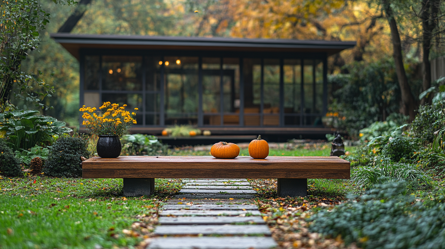 Outdoor bench with mid century Fall decor, welcoming atmosphere.