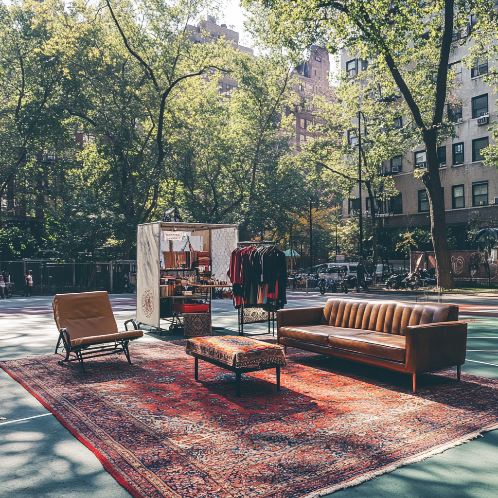 Outdoor living room with streetwear pop-up, DJ, coffee, cool people.