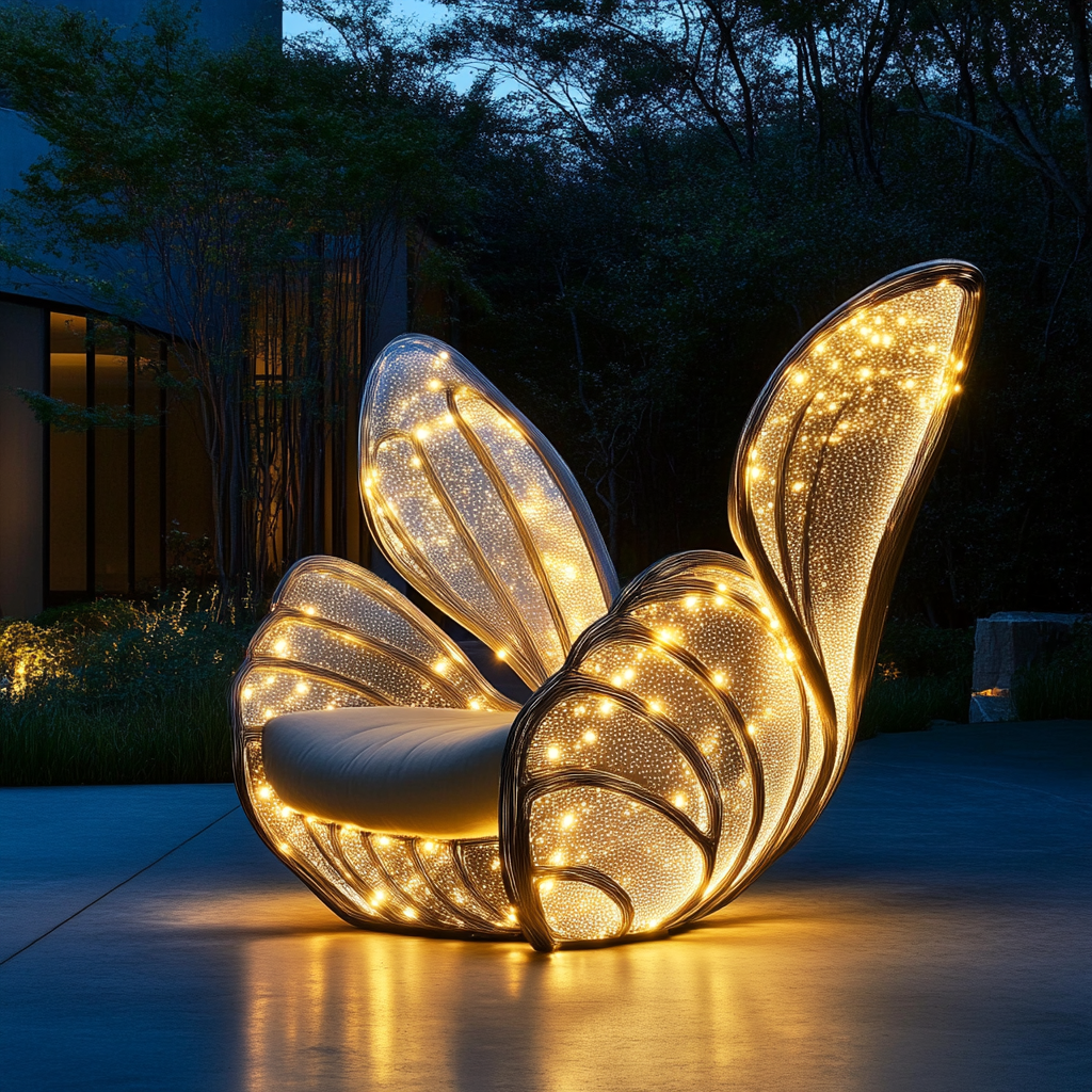 Outdoor seat with butterfly wings design, flickering LED lights.