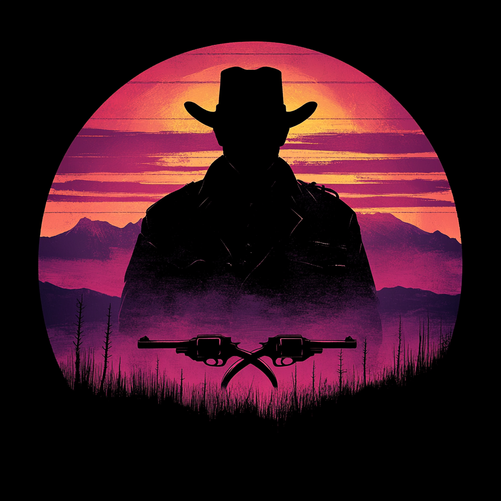 Outlaw with revolvers in Wild West sunset.