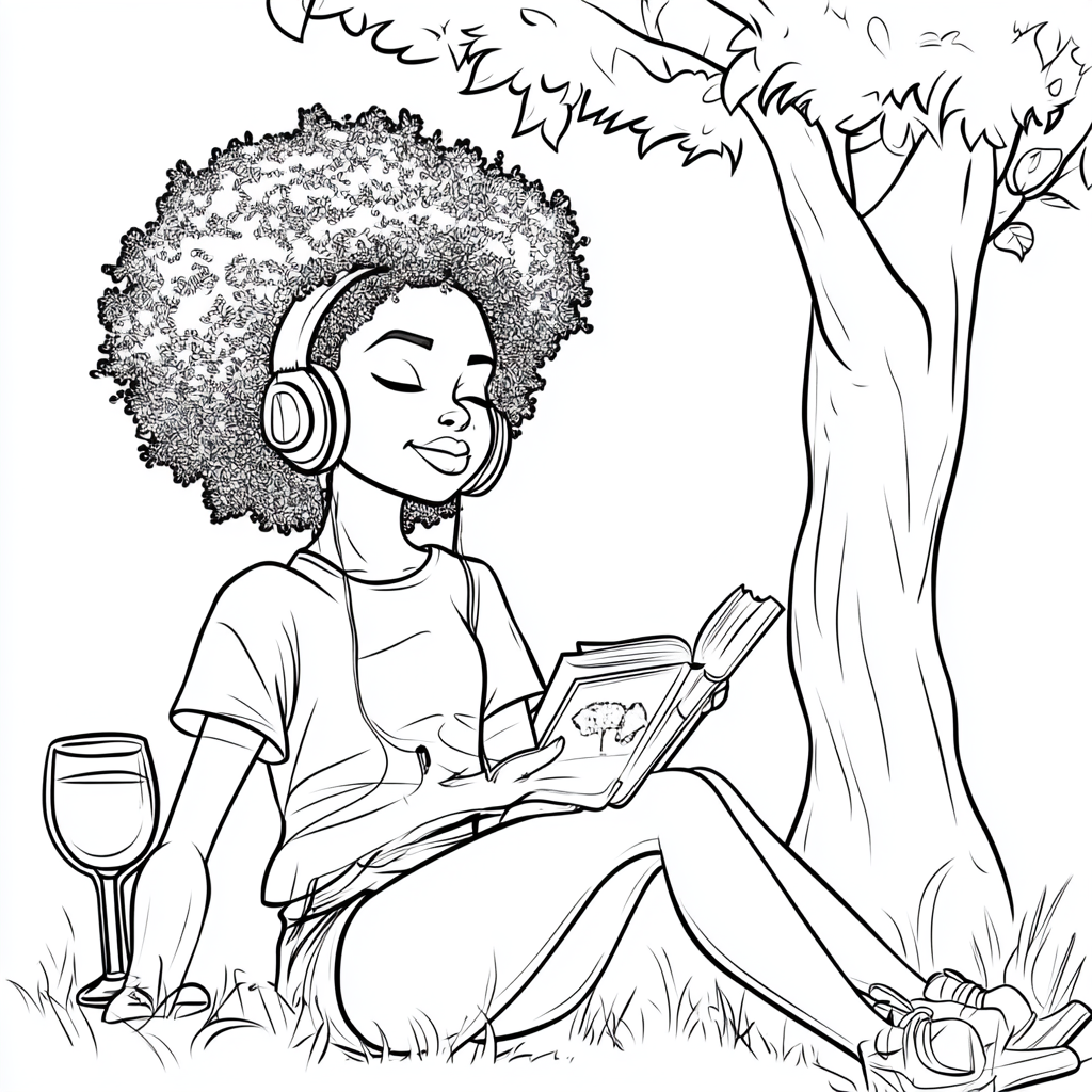 Outline of girl reading under tree with headphones & wine.