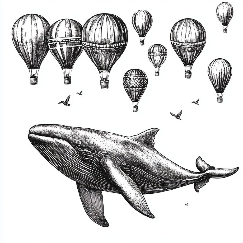 Outline whale with air balloons, simple, clean design.