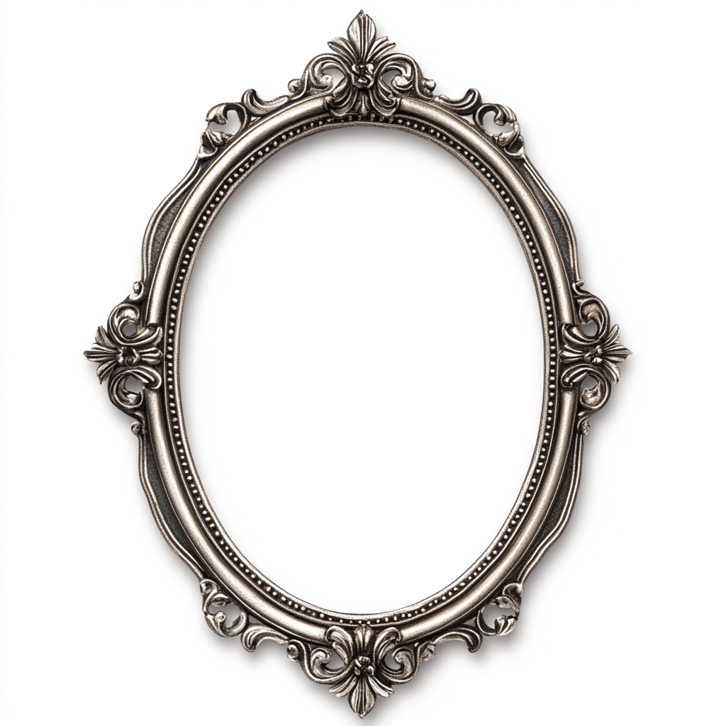 Oval silver frame with medieval fleur-de-lis ornaments.