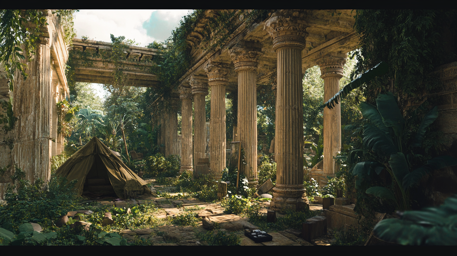 Overgrown ancient temple foyer with futuristic items in corner.