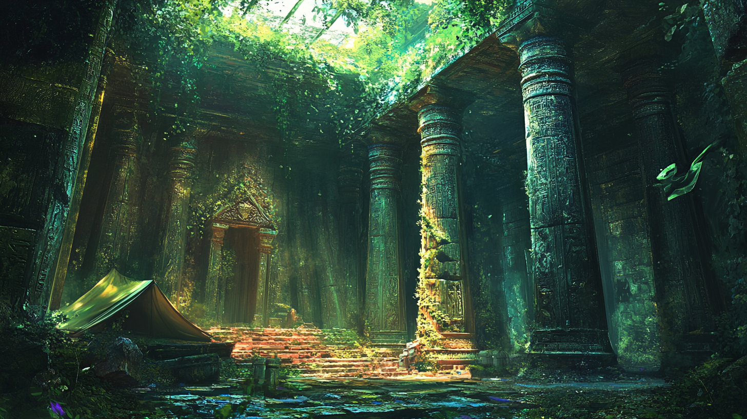 Overgrown ancient temple interior with futuristic tent and items.