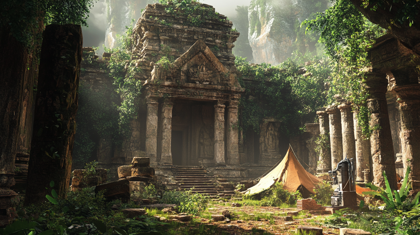 Overgrown forest takes over ancient temple with futuristic items.