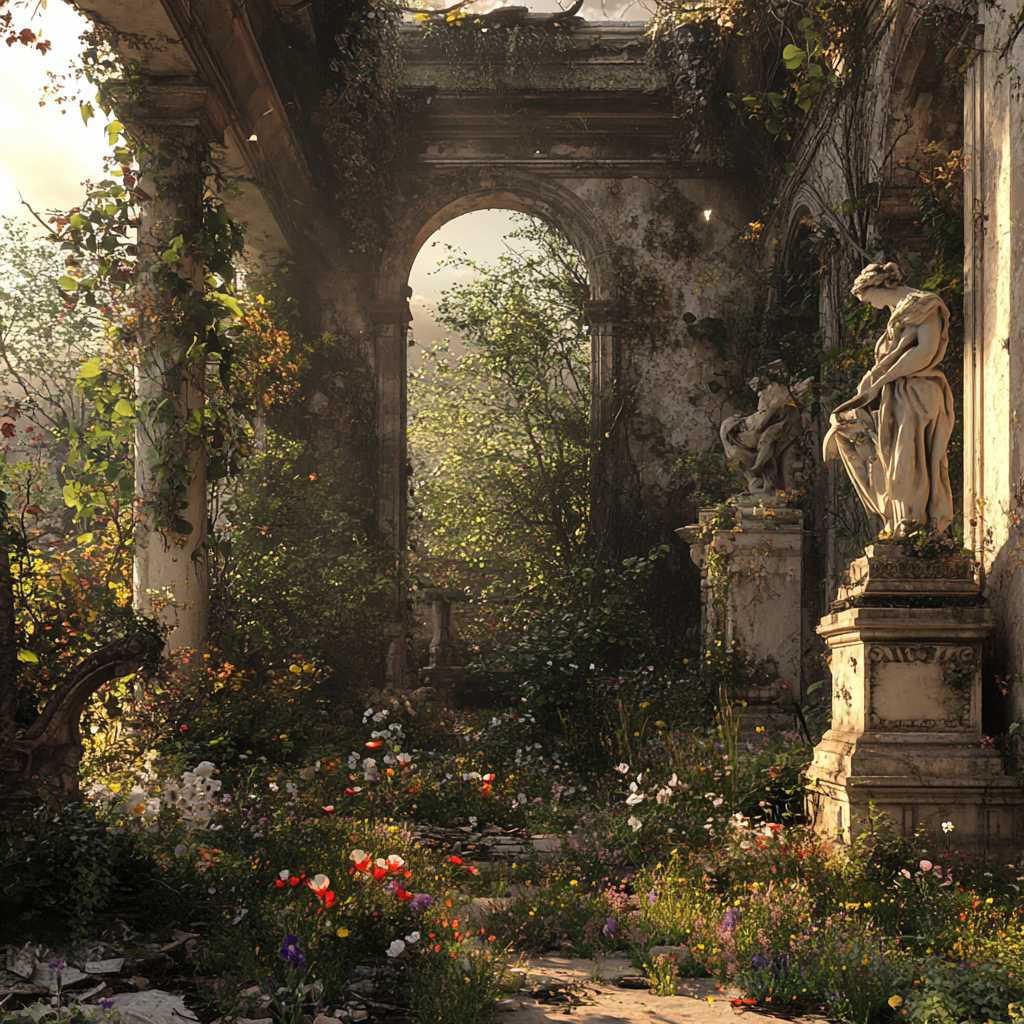 Overgrown garden in ruins with wildflowers and statues 