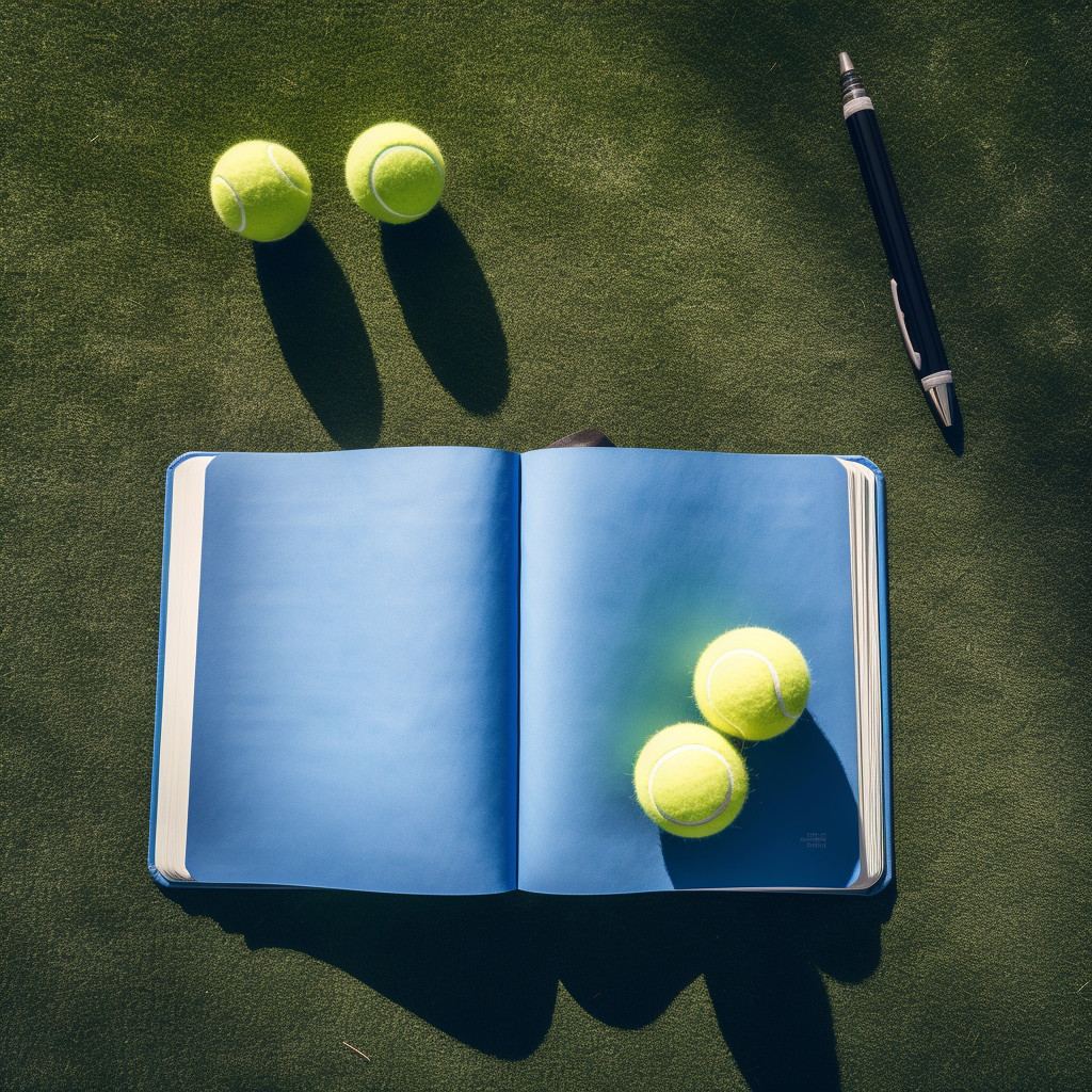 Overhead Tennis Balls & Notebook on Blue Court