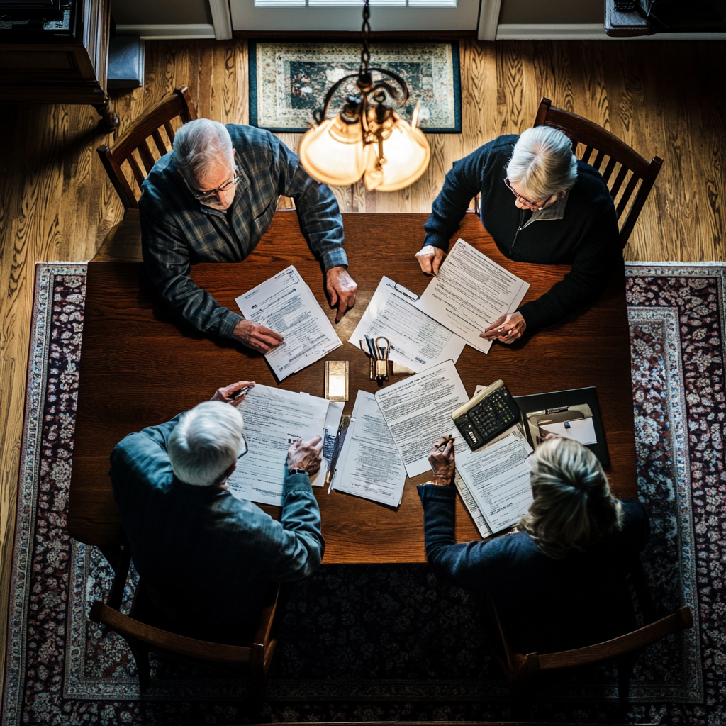 Overhead shot of elderly man, man, woman with bills