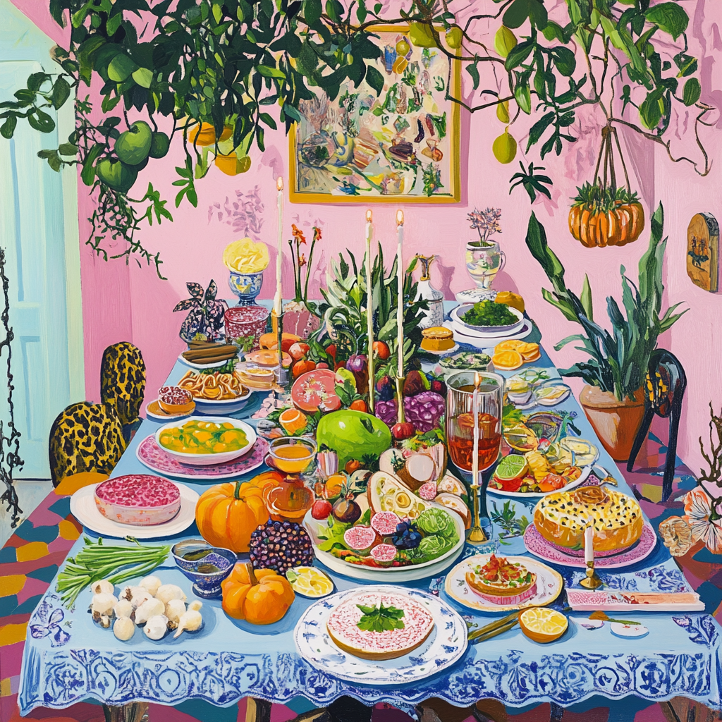 Overhead view of a busy pastel dining table.