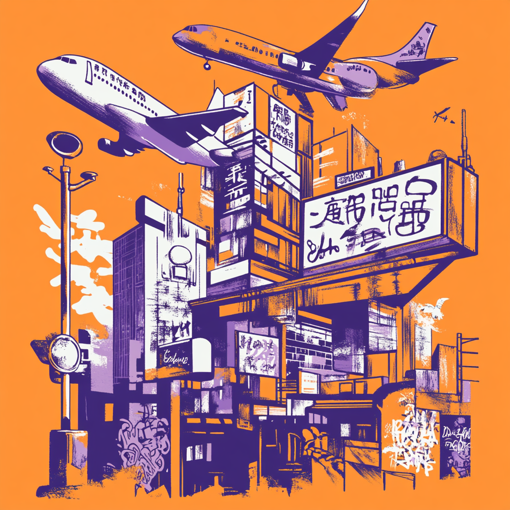 Oversized Asian-inspired orange T-shirt with city elements