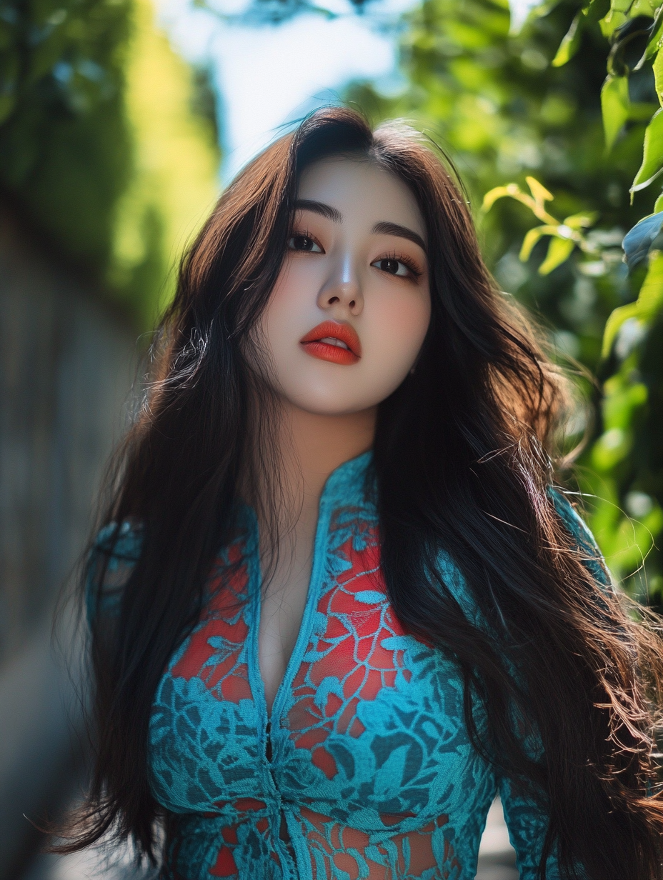 Overweight Korean model in blue and red suit.