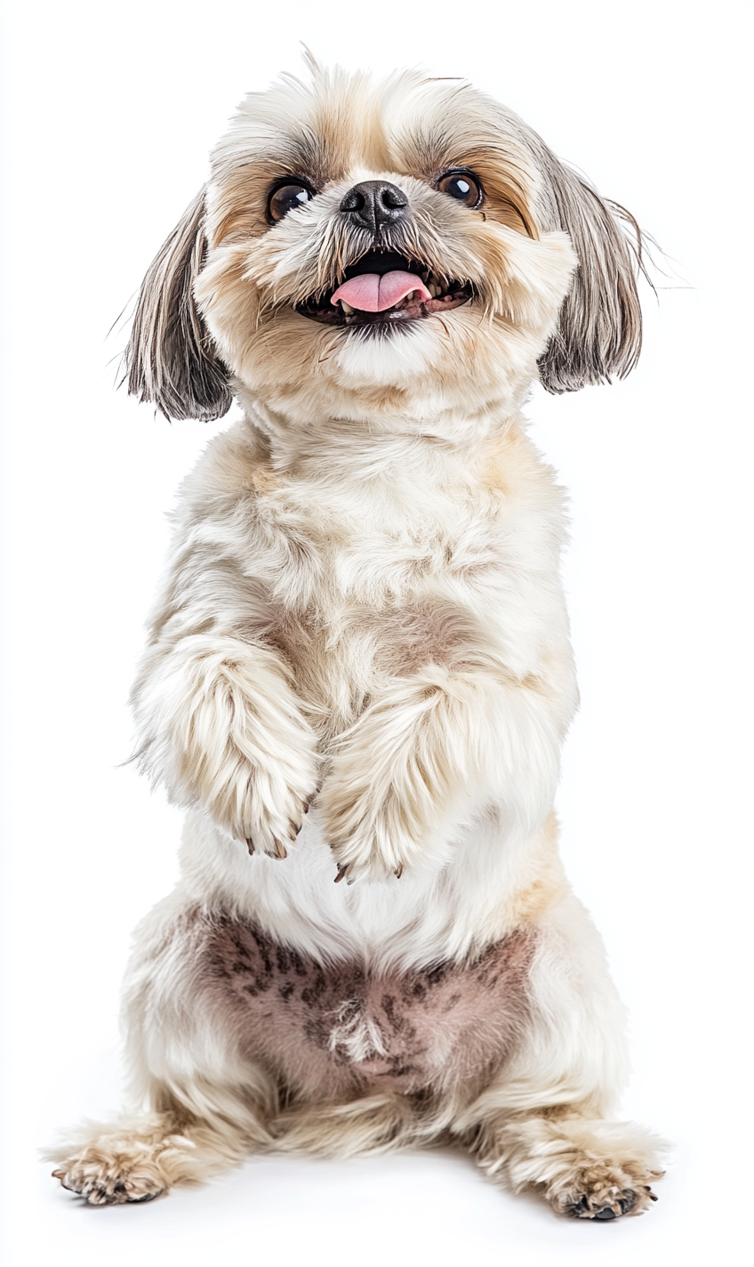 Overweight Shih-Tzu Dog Sitting, Happy, White Background, AR 3:5