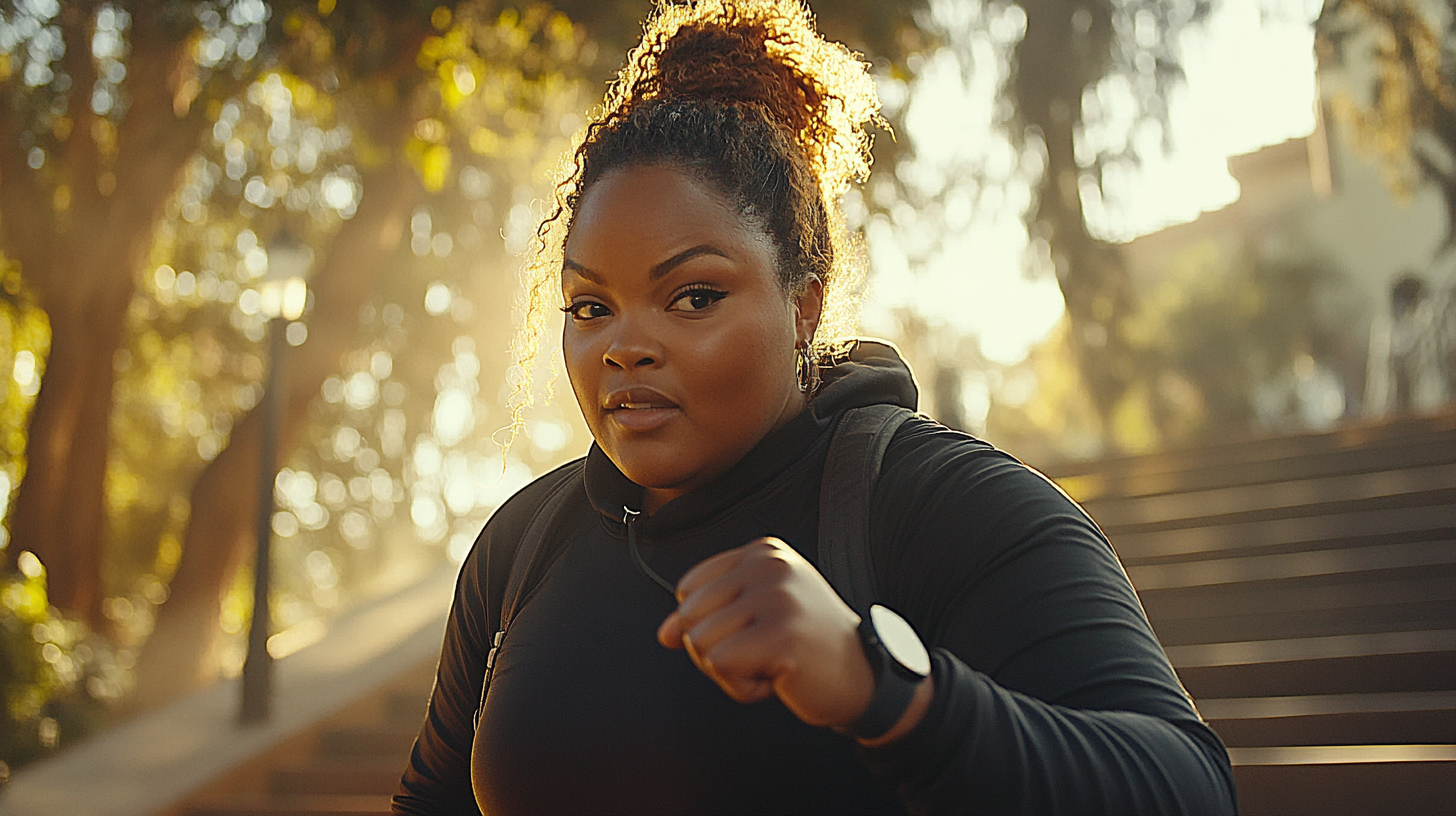 Overweight person doing step-ups on park bleachers.