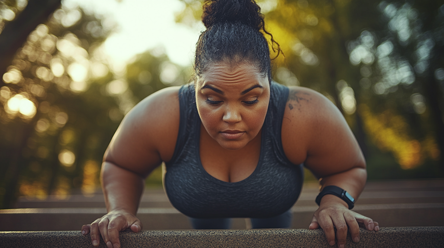 Overweight person exercising on park bleachers with smartwatch.