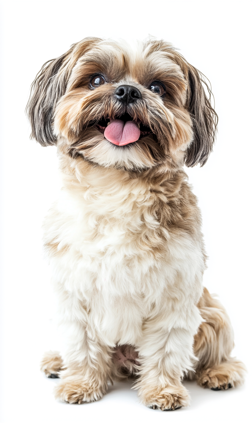 Overweight shih-tzu dog sitting, smiling, isolated on white