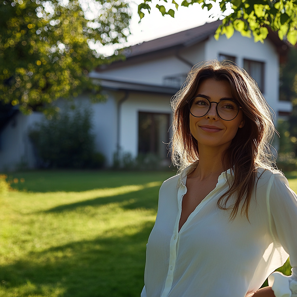 Owner wears white, stands by modern sunny home