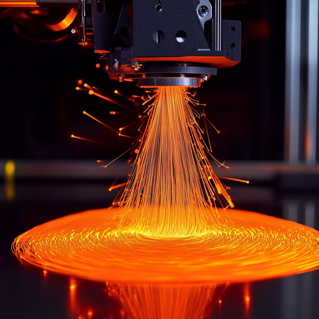 PLA filament speeding into 3D printer with sparks.