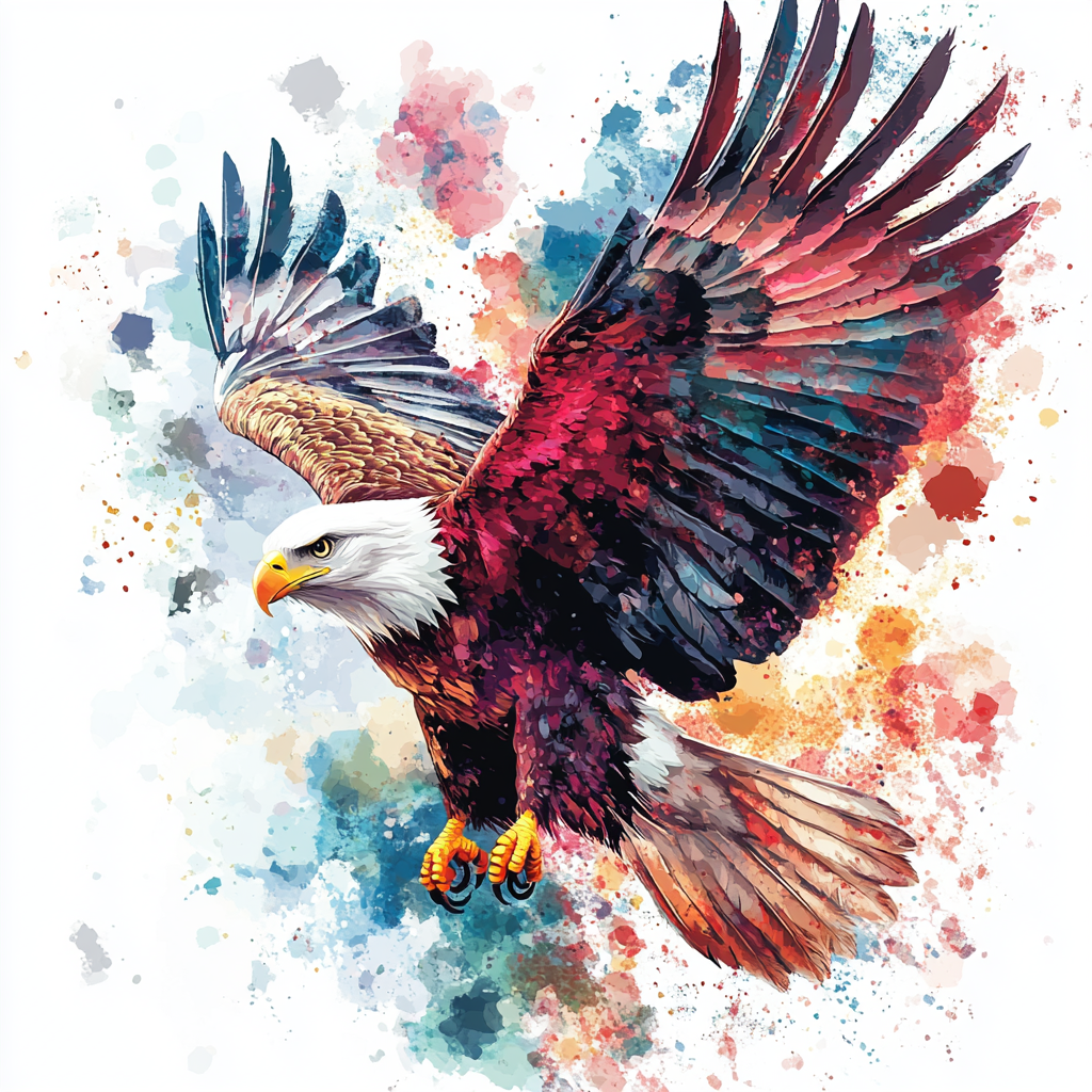 PNG eagle illustration soaring with colorful background.