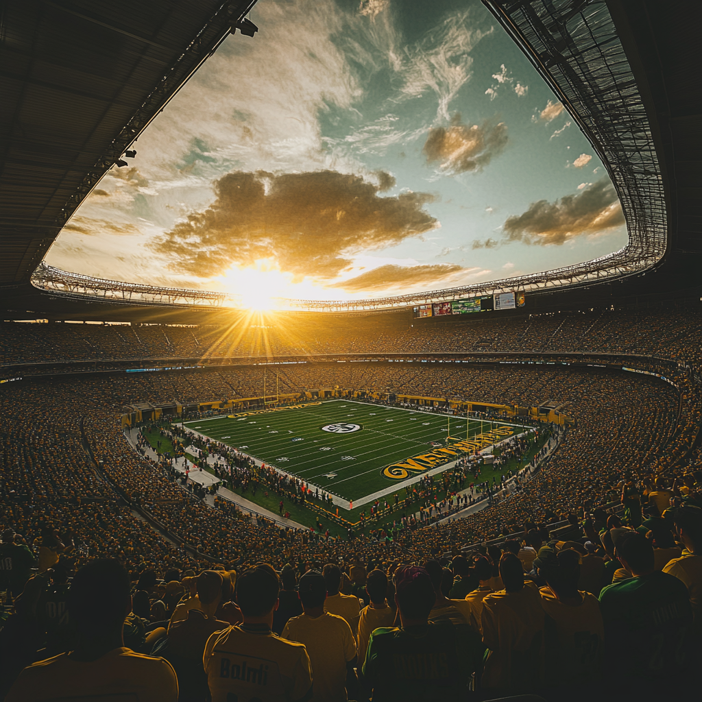 Packers football game at blocked Brazilian stadium, sun glare.