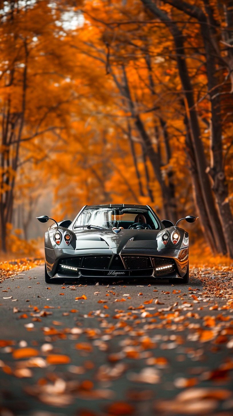 Pagani Huayra Custom Widebody Black Car on Autumn Jungle Road