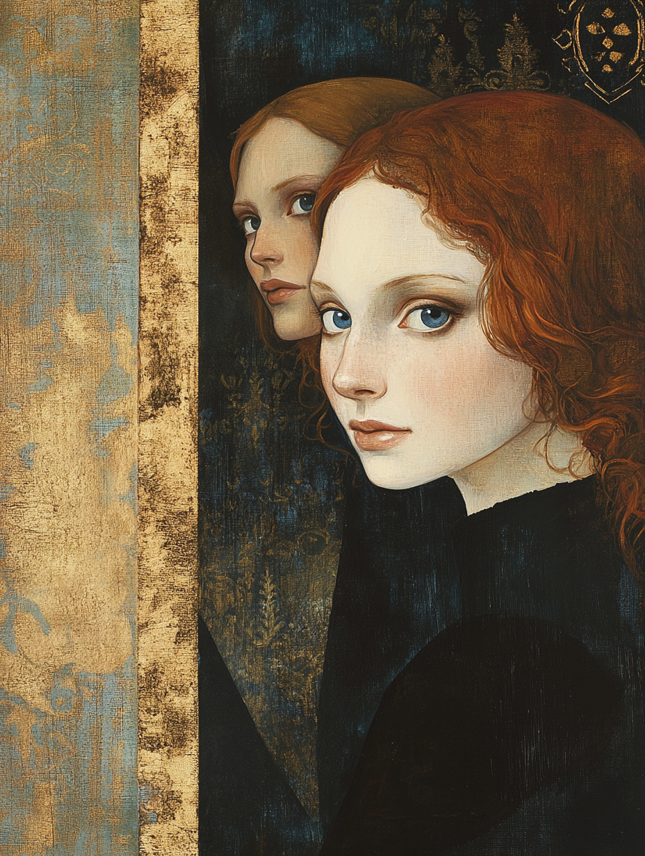 Painting of Red-Haired Female Couple in Gold Leaf