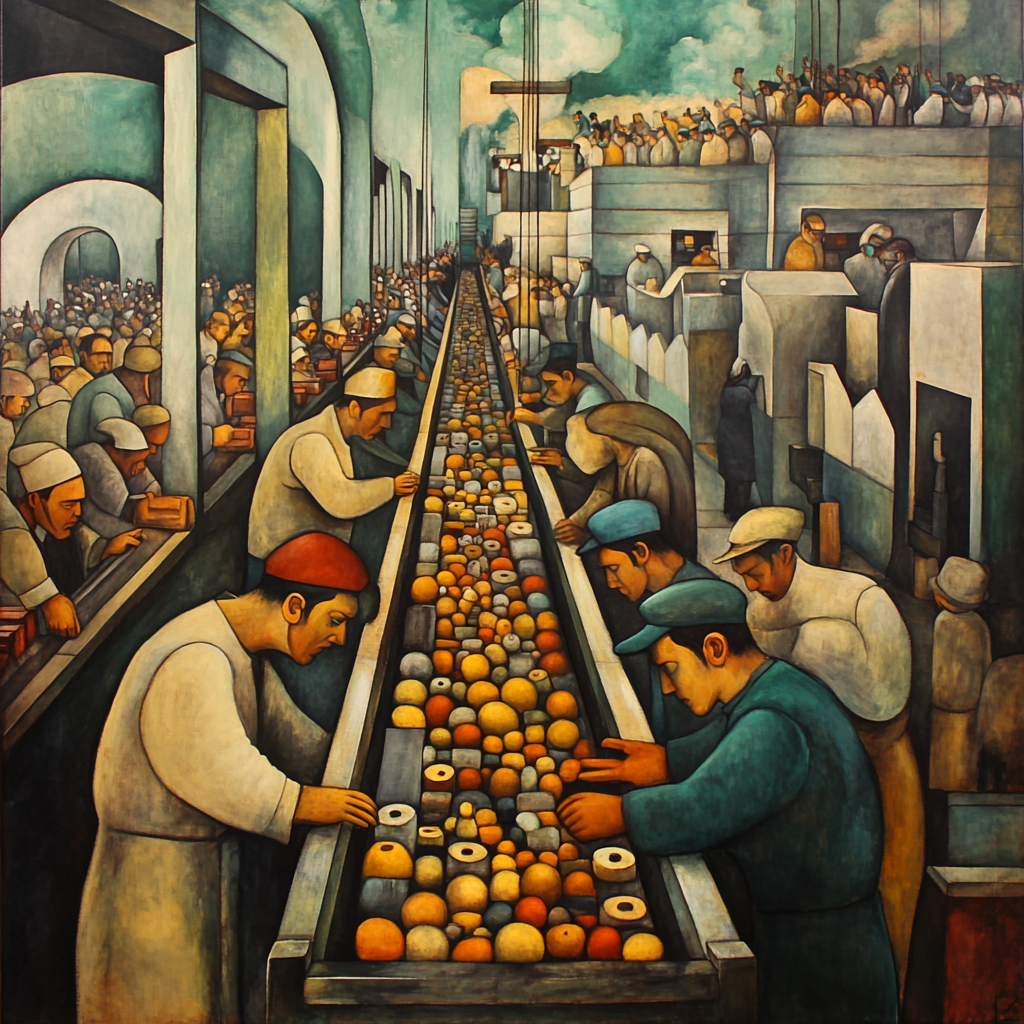 Painting of factory workers as religious leaders, souls conveyer.