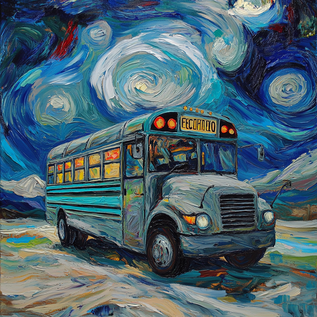 Painting of gray school bus with teal strips.