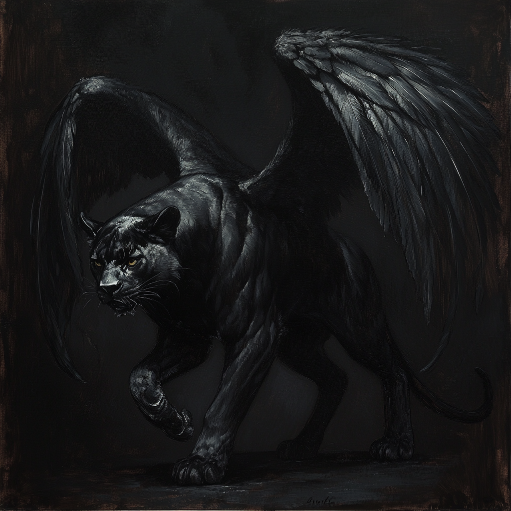 Painting of panther with black feathered wings in dynamic pose highlighting muscular form and wings, dark background enhances majestic form with wings.